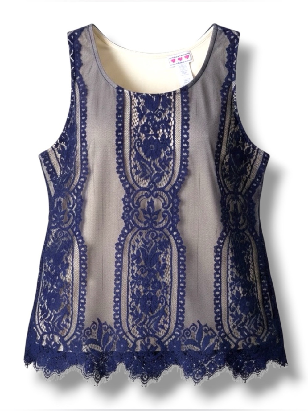 TRIXXI Embellished Sleeveless Blouse Lace Overlay Navy Blue Ivory Large